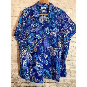 Kim Rogers Top Womens 3X Cobalt Paisley Easy Care Button Up Cotton Plus